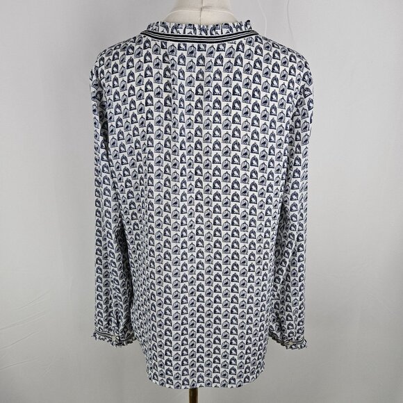 Talbots Grosgrain Trim Crinkle Blouse Medium Birdcage Print Blue - Picture 5 of 10